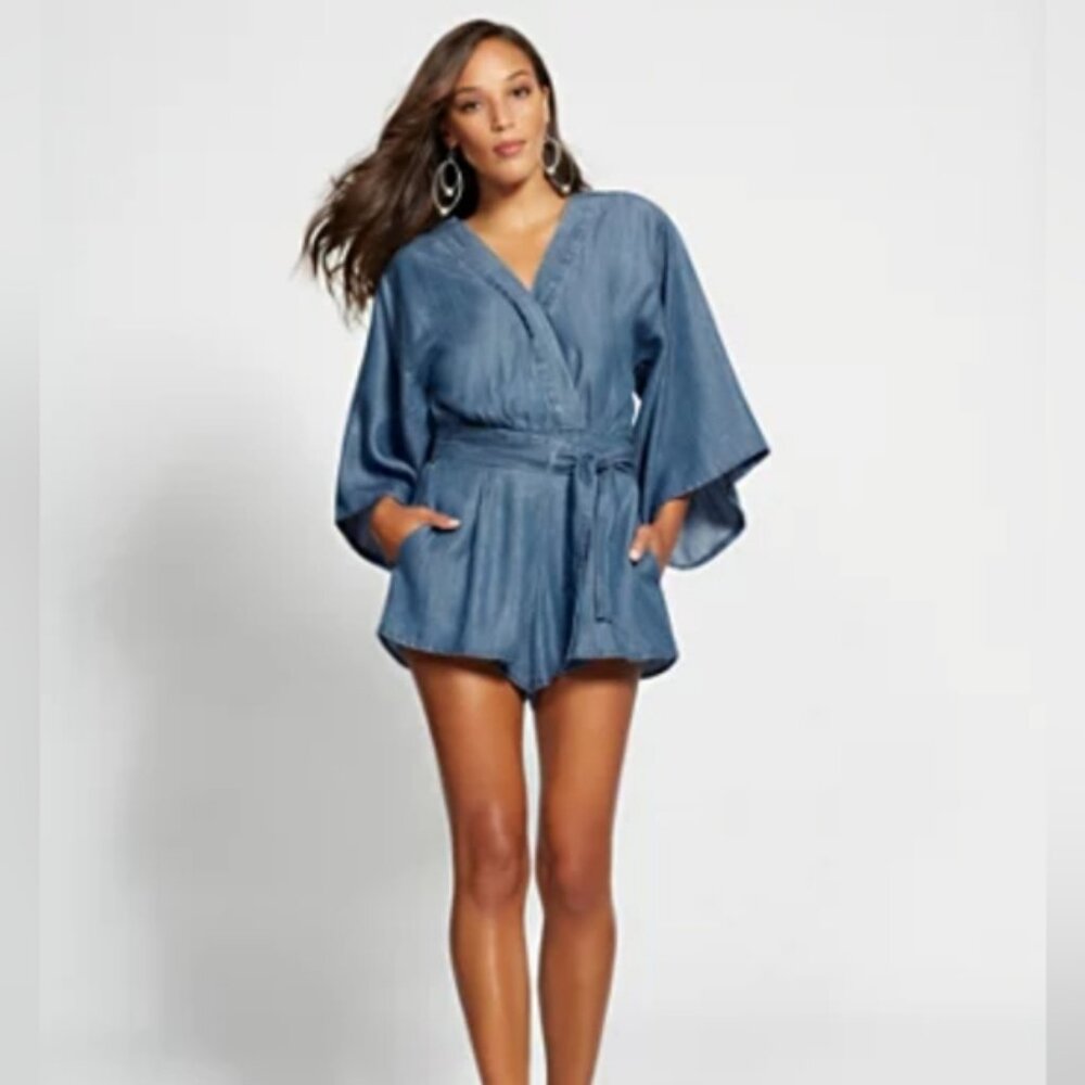Gabrielle Union | Chambray Romper with Tie Detail | Medium